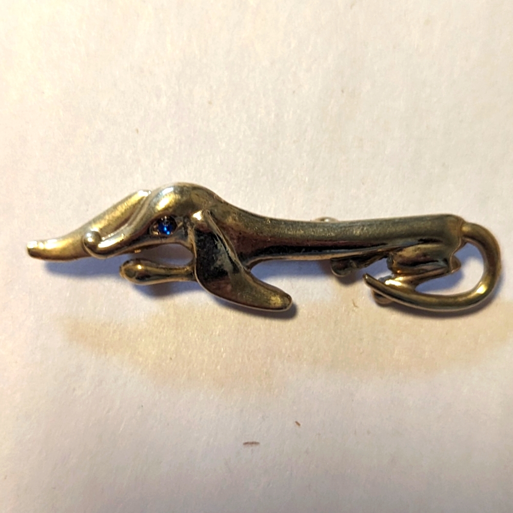 Vintage Dachshund Pin with Turquoise Rhinestone Eye and Long Ears - 2" length
